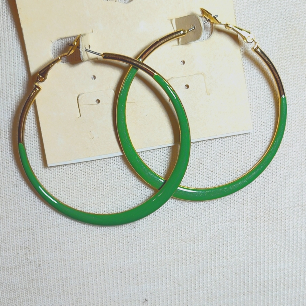 Enameled Green and Gold Hoop Earrings NWOT